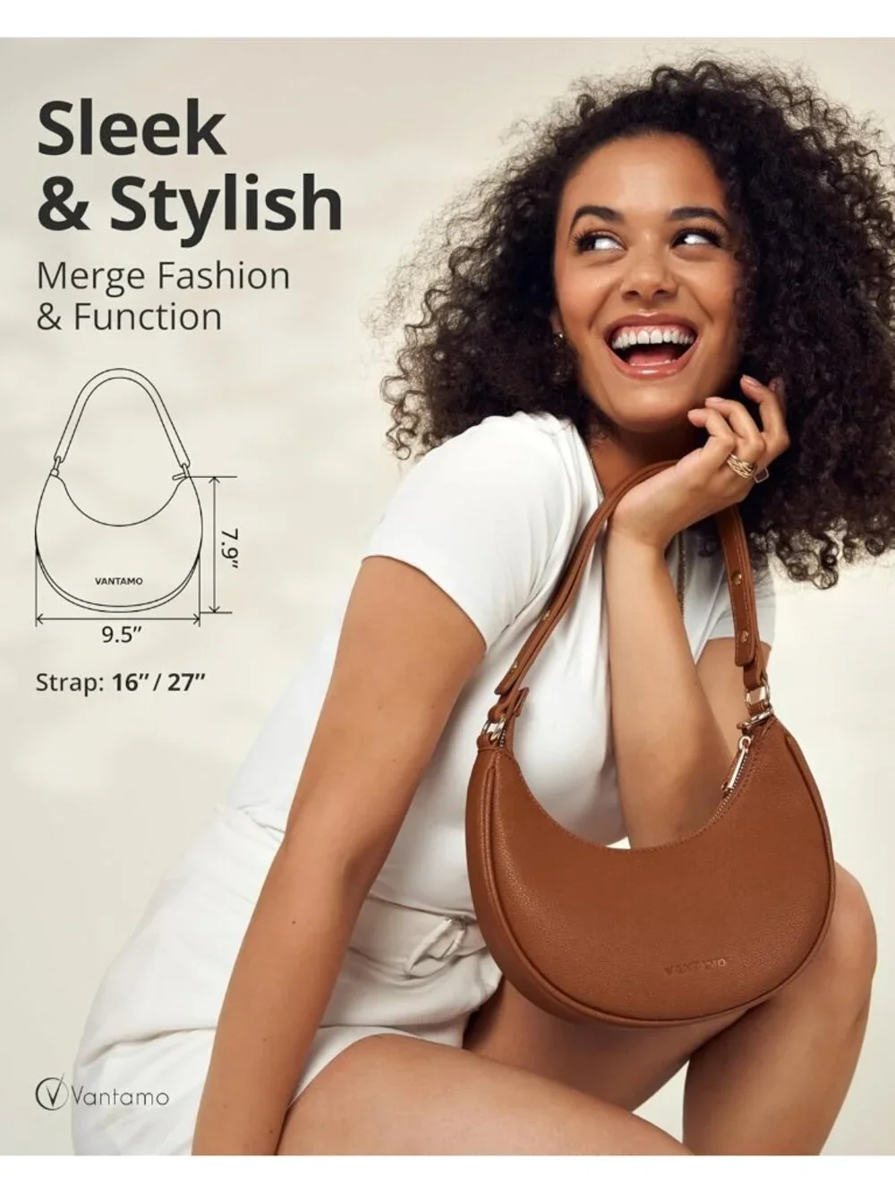 Vantamo Women's Bag Brown Half Moon Clutch with Anti-Theft Clip for Extra Safety